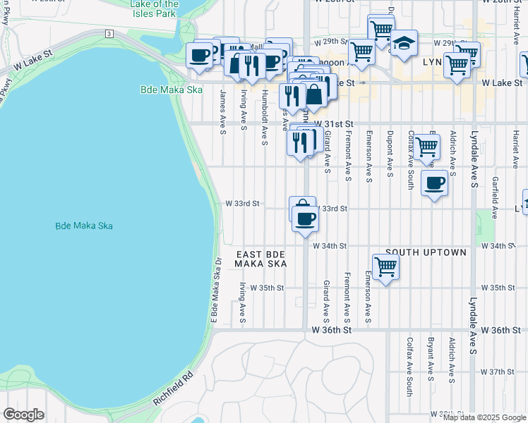 map of restaurants, bars, coffee shops, grocery stores, and more near 1511 West 33rd Street in Minneapolis