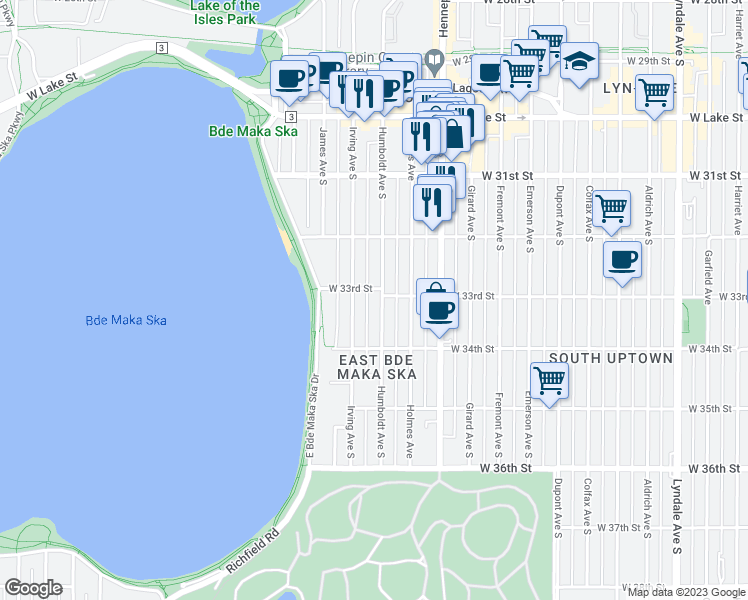 map of restaurants, bars, coffee shops, grocery stores, and more near 1511 West 33rd Street in Minneapolis