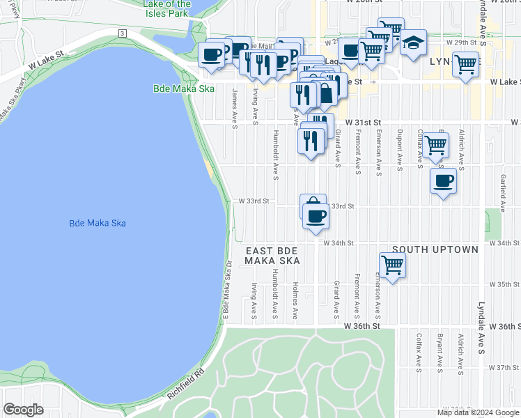 map of restaurants, bars, coffee shops, grocery stores, and more near 1511 West 33rd Street in Minneapolis