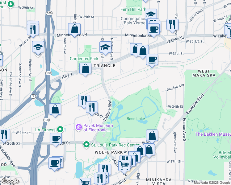 map of restaurants, bars, coffee shops, grocery stores, and more near 4600 Park Glen Road in St. Louis Park