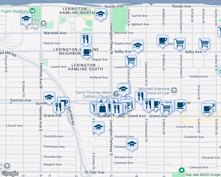 map of restaurants, bars, coffee shops, grocery stores, and more near 45 North Lexington Parkway in Saint Paul