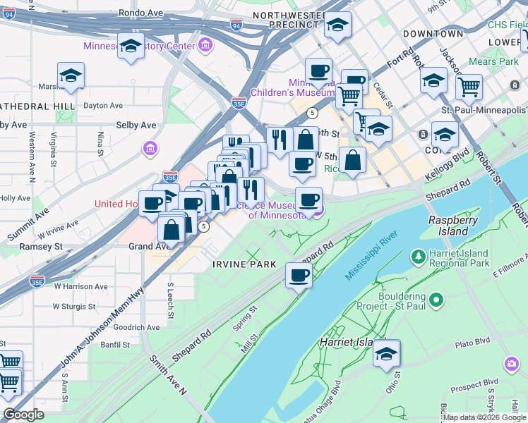 map of restaurants, bars, coffee shops, grocery stores, and more near 200 Exchange Street South in Saint Paul
