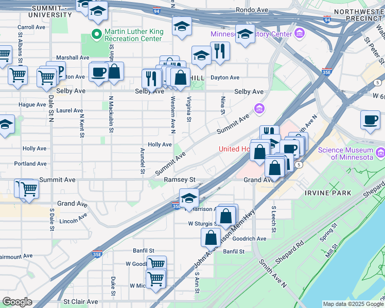 map of restaurants, bars, coffee shops, grocery stores, and more near 344 Summit Avenue in Saint Paul