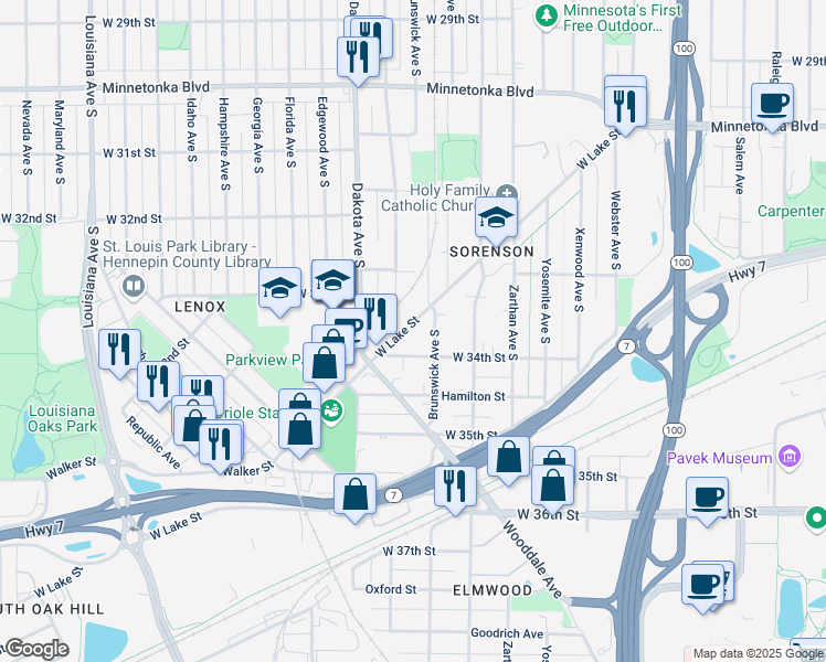 map of restaurants, bars, coffee shops, grocery stores, and more near 6217 West Lake Street in St. Louis Park