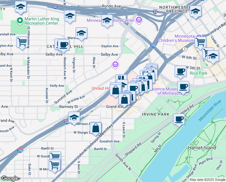 map of restaurants, bars, coffee shops, grocery stores, and more near 108 Thompson Street in Saint Paul