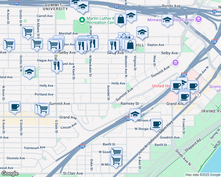 map of restaurants, bars, coffee shops, grocery stores, and more near 40 Arundel Street in Saint Paul