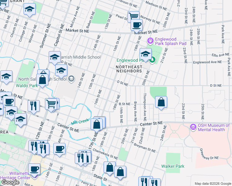 map of restaurants, bars, coffee shops, grocery stores, and more near 815 18th Street Northeast in Salem