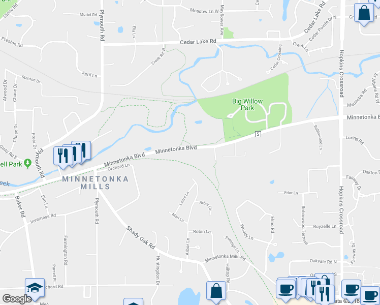 map of restaurants, bars, coffee shops, grocery stores, and more near 12201 Minnetonka Boulevard in Minnetonka