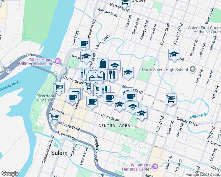 map of restaurants, bars, coffee shops, grocery stores, and more near 470 High Street Northeast in Salem