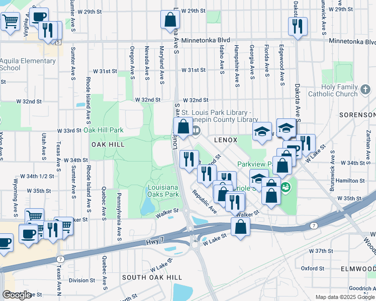 map of restaurants, bars, coffee shops, grocery stores, and more near 3250-B Gorham Avenue in St. Louis Park