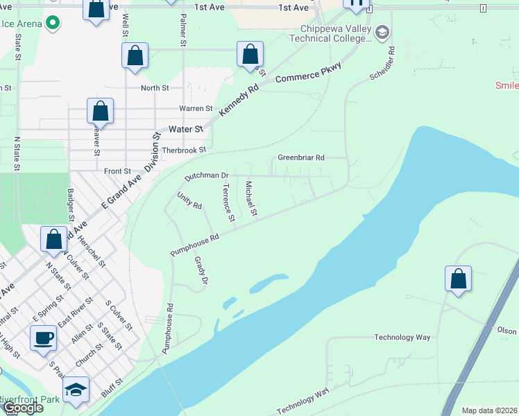 map of restaurants, bars, coffee shops, grocery stores, and more near 113 Michael Street in Chippewa Falls