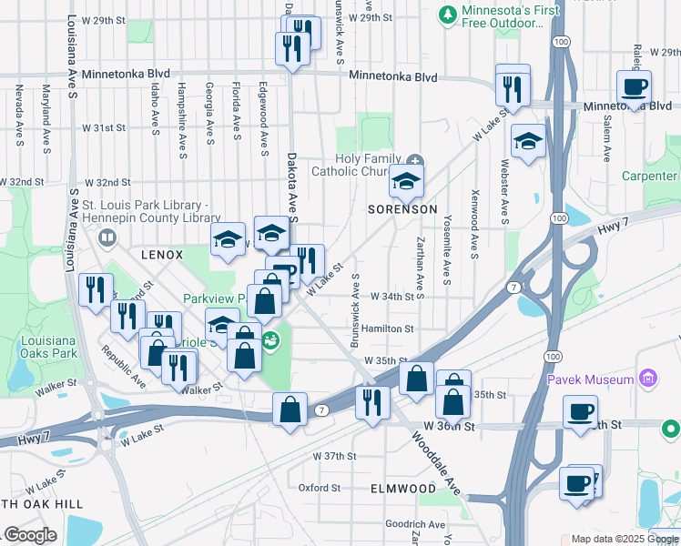 map of restaurants, bars, coffee shops, grocery stores, and more near 6217 West Lake Street in St. Louis Park
