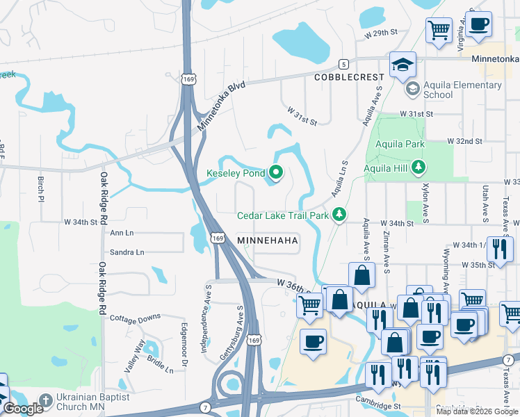 map of restaurants, bars, coffee shops, grocery stores, and more near 3335 Flag Avenue South in Minneapolis