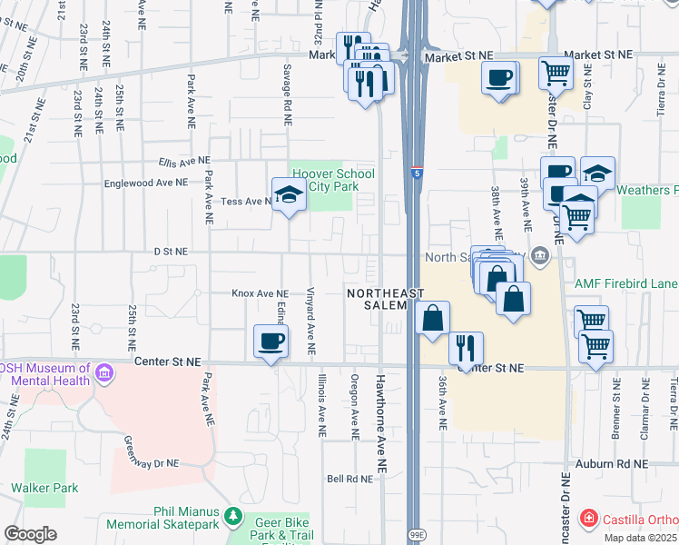 map of restaurants, bars, coffee shops, grocery stores, and more near 994 Charter Place Northeast in Salem