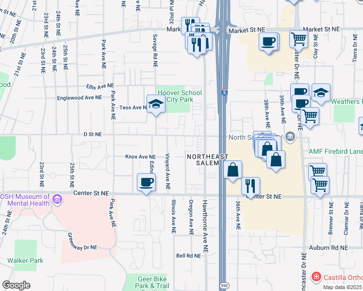 map of restaurants, bars, coffee shops, grocery stores, and more near 994 Charter Place Northeast in Salem