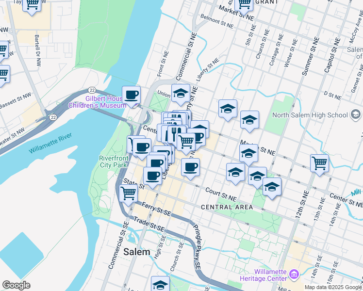 map of restaurants, bars, coffee shops, grocery stores, and more near 365 Liberty Street Northeast in Salem