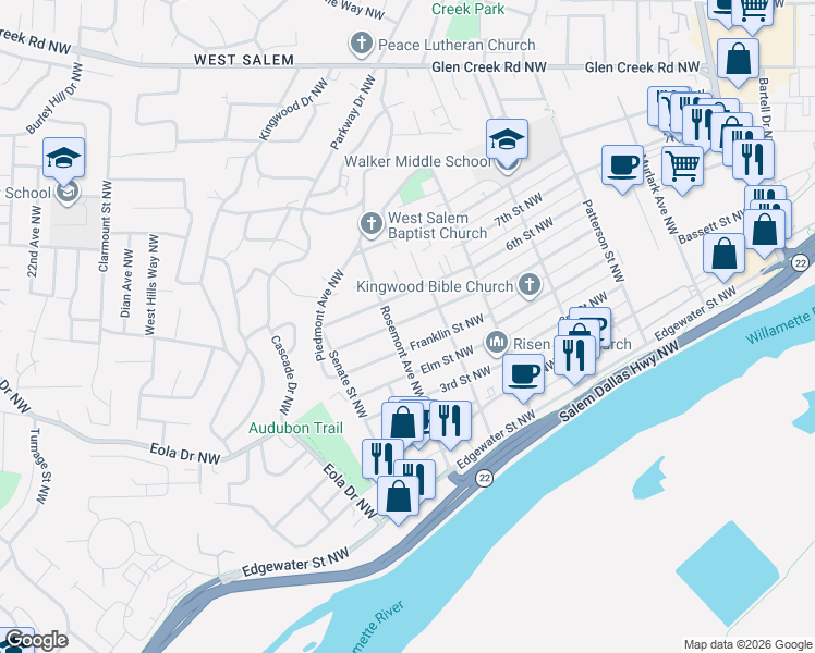 map of restaurants, bars, coffee shops, grocery stores, and more near 1340 Ruge Street Northwest in Salem