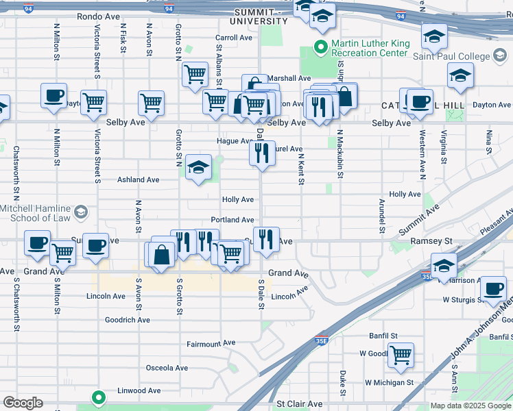 map of restaurants, bars, coffee shops, grocery stores, and more near 608 Holly Avenue in Saint Paul