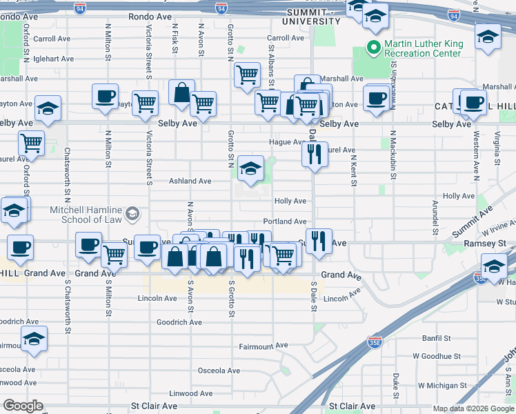 map of restaurants, bars, coffee shops, grocery stores, and more near 682 Holly Avenue in Saint Paul