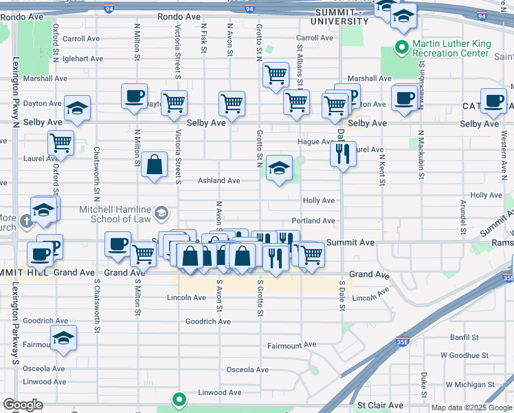 map of restaurants, bars, coffee shops, grocery stores, and more near 754 Holly Avenue in Saint Paul