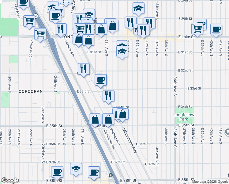 map of restaurants, bars, coffee shops, grocery stores, and more near 2917 East 33rd Street in Minneapolis