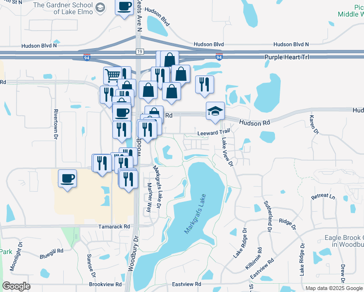 map of restaurants, bars, coffee shops, grocery stores, and more near 10231 Bleeker Street in Woodbury