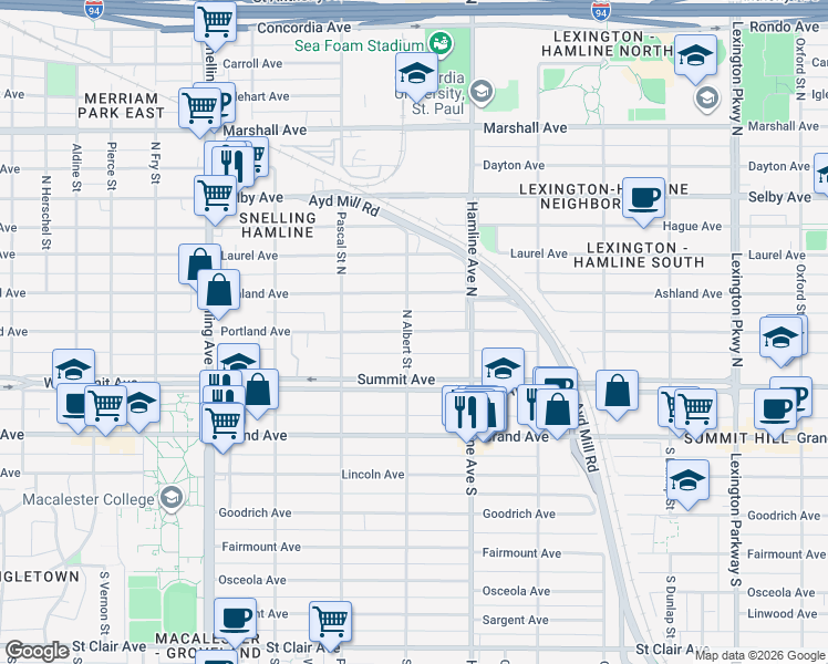 map of restaurants, bars, coffee shops, grocery stores, and more near 1389 Portland Avenue in Saint Paul