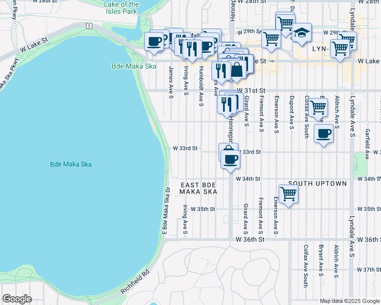 map of restaurants, bars, coffee shops, grocery stores, and more near 1511 West 33rd Street in Minneapolis