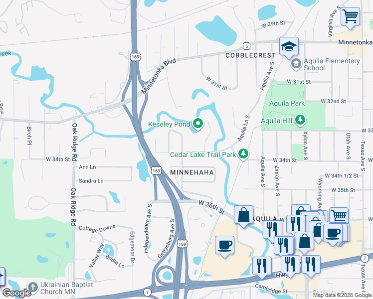 map of restaurants, bars, coffee shops, grocery stores, and more near 3335 Flag Avenue South in Minneapolis