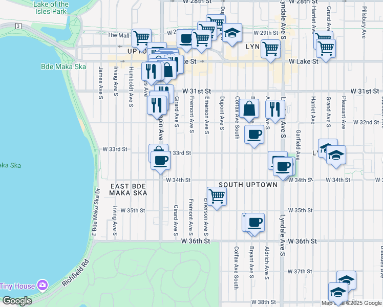map of restaurants, bars, coffee shops, grocery stores, and more near Fremont Ave S & W 33rd St in Minneapolis