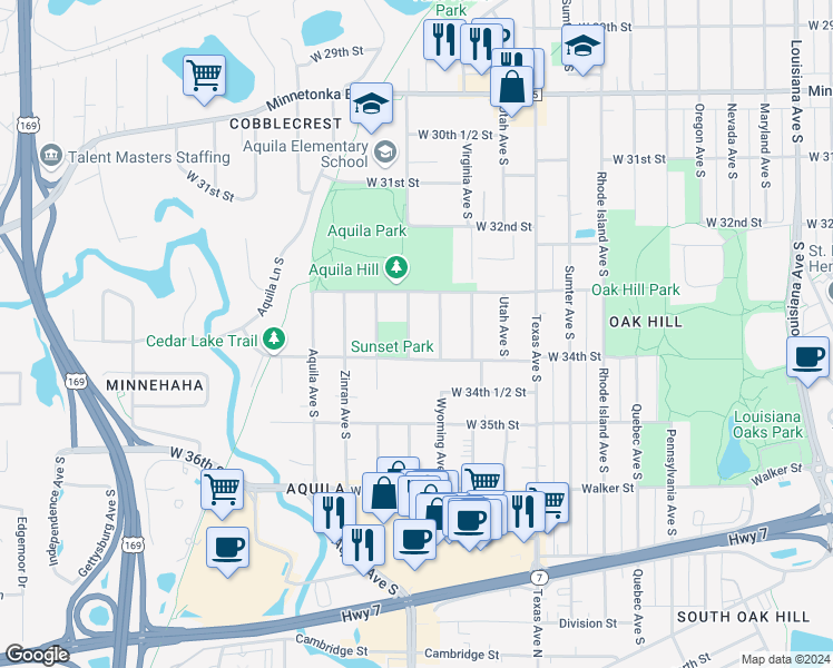map of restaurants, bars, coffee shops, grocery stores, and more near 3335 Xylon Avenue South in Minneapolis