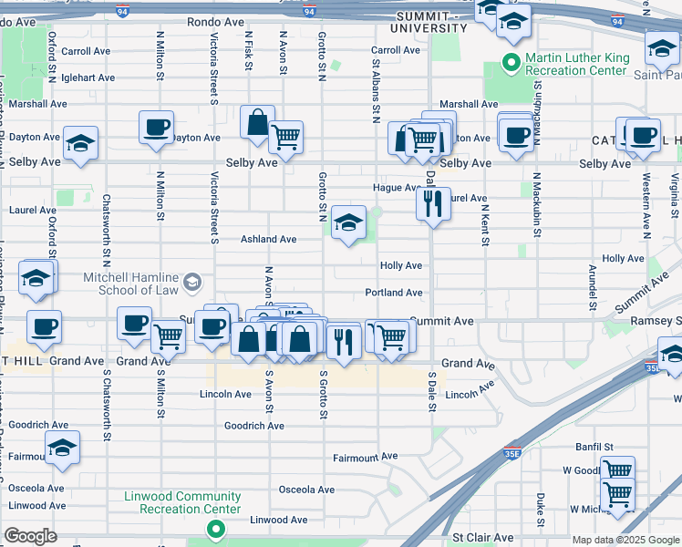 map of restaurants, bars, coffee shops, grocery stores, and more near 722 Holly Avenue in Saint Paul