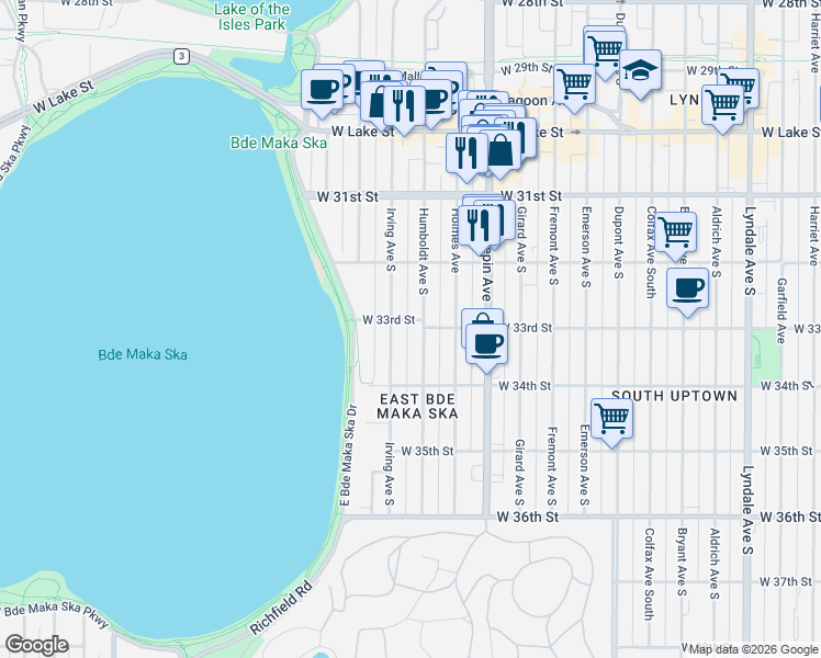 map of restaurants, bars, coffee shops, grocery stores, and more near 1511 West 33rd Street in Minneapolis