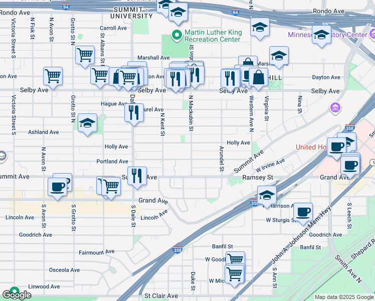 map of restaurants, bars, coffee shops, grocery stores, and more near 43 North Mackubin Street in Saint Paul