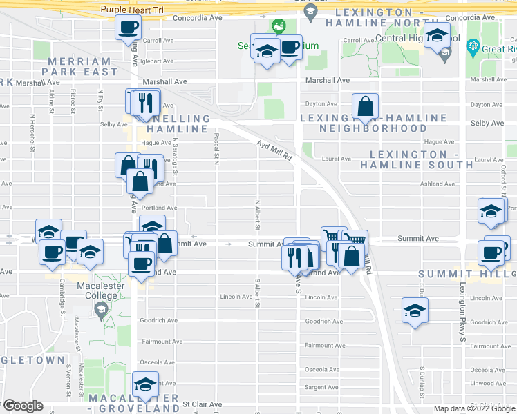 map of restaurants, bars, coffee shops, grocery stores, and more near 1399 Portland Avenue in Saint Paul