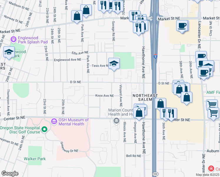 map of restaurants, bars, coffee shops, grocery stores, and more near 955 Edina Lane Northeast in Salem