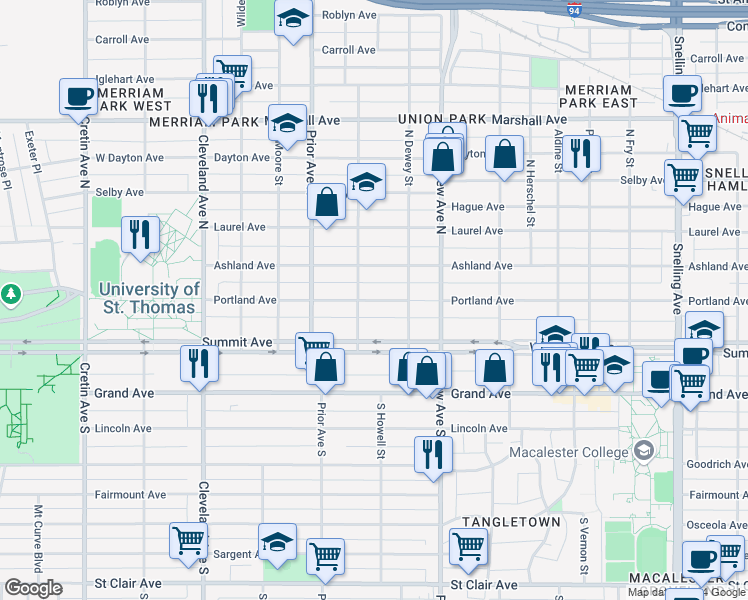 map of restaurants, bars, coffee shops, grocery stores, and more near 1887 Portland Avenue in Saint Paul