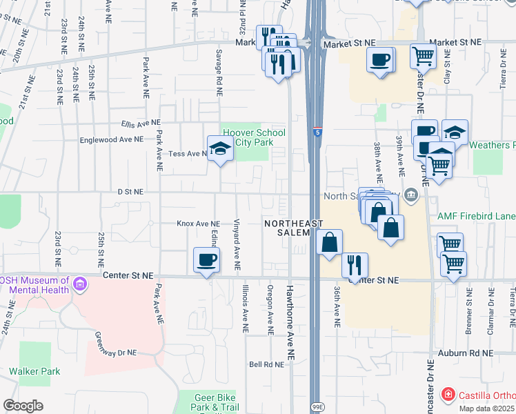 map of restaurants, bars, coffee shops, grocery stores, and more near 994 Charter Place Northeast in Salem