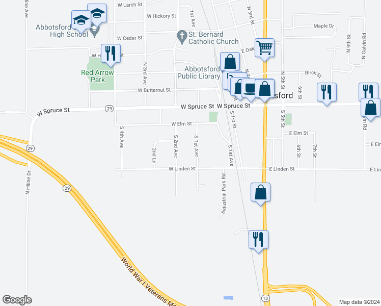 map of restaurants, bars, coffee shops, grocery stores, and more near 211 South 1st Avenue in Abbotsford