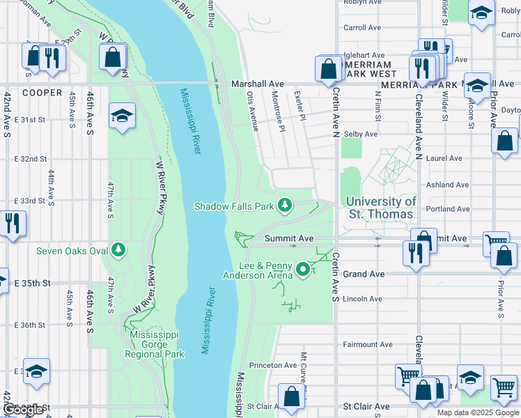 map of restaurants, bars, coffee shops, grocery stores, and more near 176 N Mississippi River Blvd in St Paul