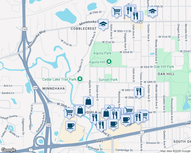 map of restaurants, bars, coffee shops, grocery stores, and more near 3334 Zinran Avenue South in Minneapolis
