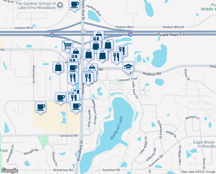 map of restaurants, bars, coffee shops, grocery stores, and more near 10235 Bleeker Street in Woodbury
