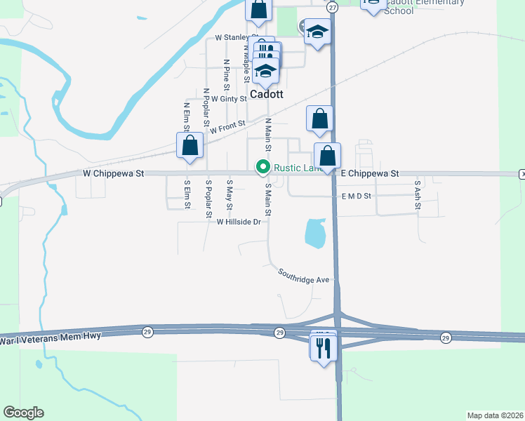 map of restaurants, bars, coffee shops, grocery stores, and more near 139 South Main Street in Cadott