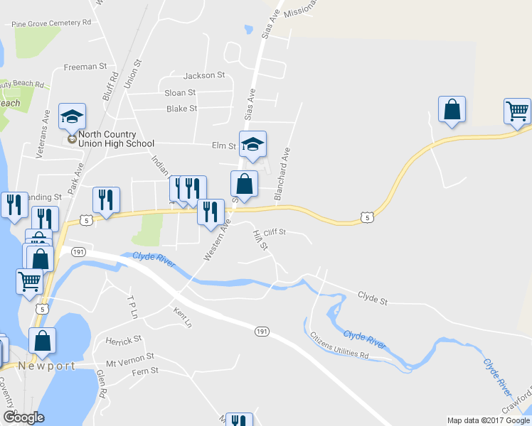 map of restaurants, bars, coffee shops, grocery stores, and more near 594 East Main Street in Newport