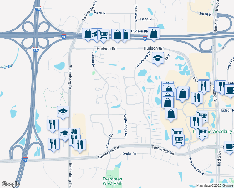 map of restaurants, bars, coffee shops, grocery stores, and more near 321 Elan Court in Woodbury