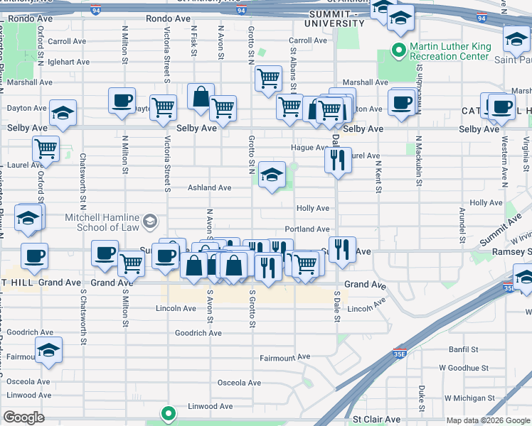 map of restaurants, bars, coffee shops, grocery stores, and more near 722 Holly Avenue in Saint Paul