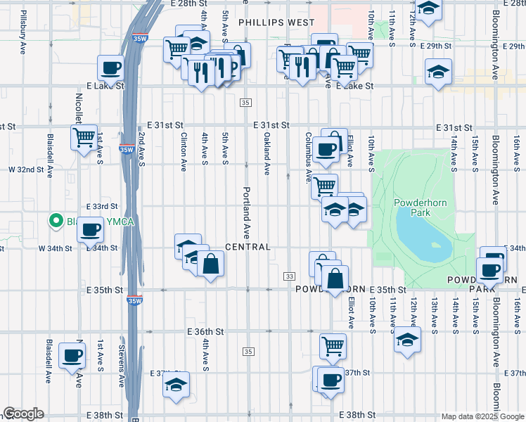 map of restaurants, bars, coffee shops, grocery stores, and more near 3304 Oakland Avenue in Minneapolis