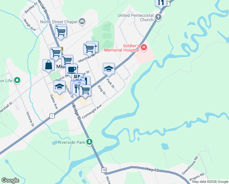 map of restaurants, bars, coffee shops, grocery stores, and more near 61 Connaught Avenue in Middleton