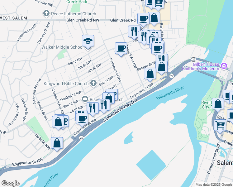 map of restaurants, bars, coffee shops, grocery stores, and more near 1049 2nd Street Northwest in Salem