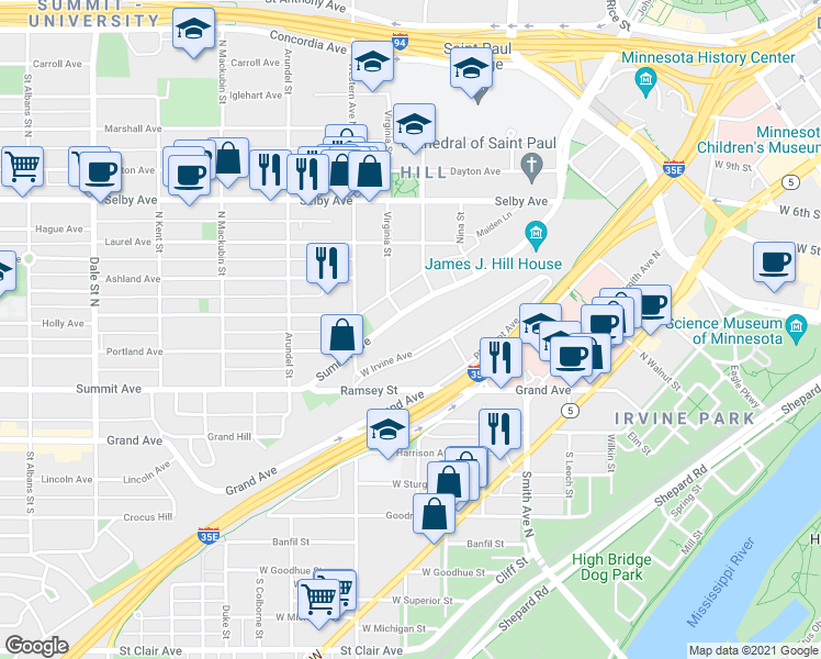 map of restaurants, bars, coffee shops, grocery stores, and more near 344 Summit Avenue in Saint Paul